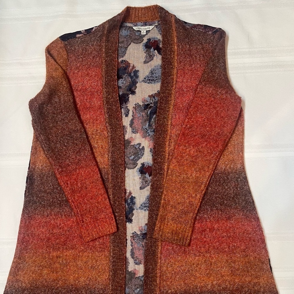 John Mark Open Duster‎ Cardigan Sweater Ombre Front Floral Fringe Boho Sz S EUC - Picture 5 of 13